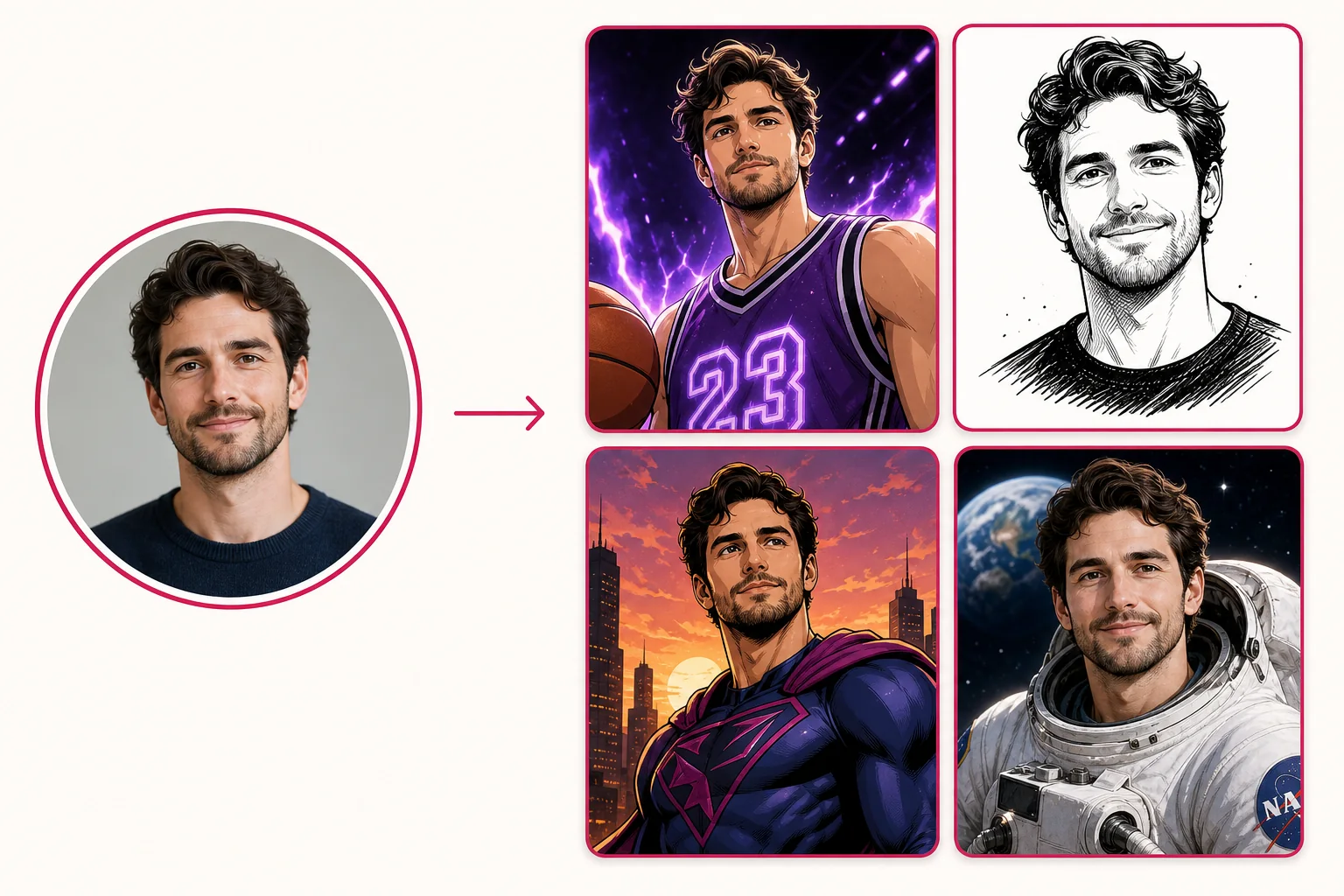 Beispiel: Aus einem Porträtfoto erstellt die KI vier Avatare – Basketball-Comic, Tuschezeichnung, Superheld und Astronaut